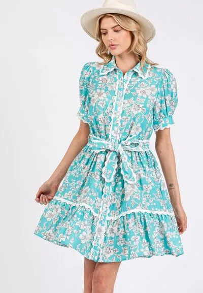 SAGE FIG Vintage Floral Scalloped Mini Shirt Dress