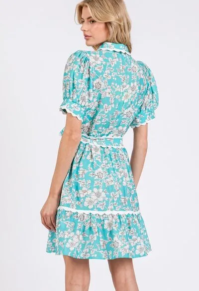 SAGE FIG Vintage Floral Scalloped Mini Shirt Dress