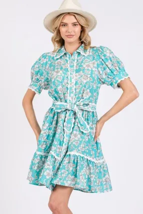 SAGE FIG Vintage Floral Scalloped Mini Shirt Dress
