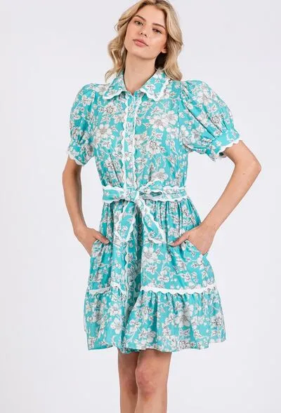 SAGE FIG Vintage Floral Scalloped Mini Shirt Dress
