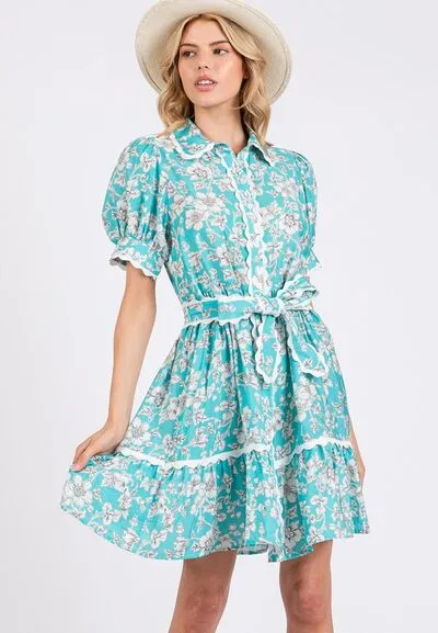 SAGE FIG Vintage Floral Scalloped Mini Shirt Dress