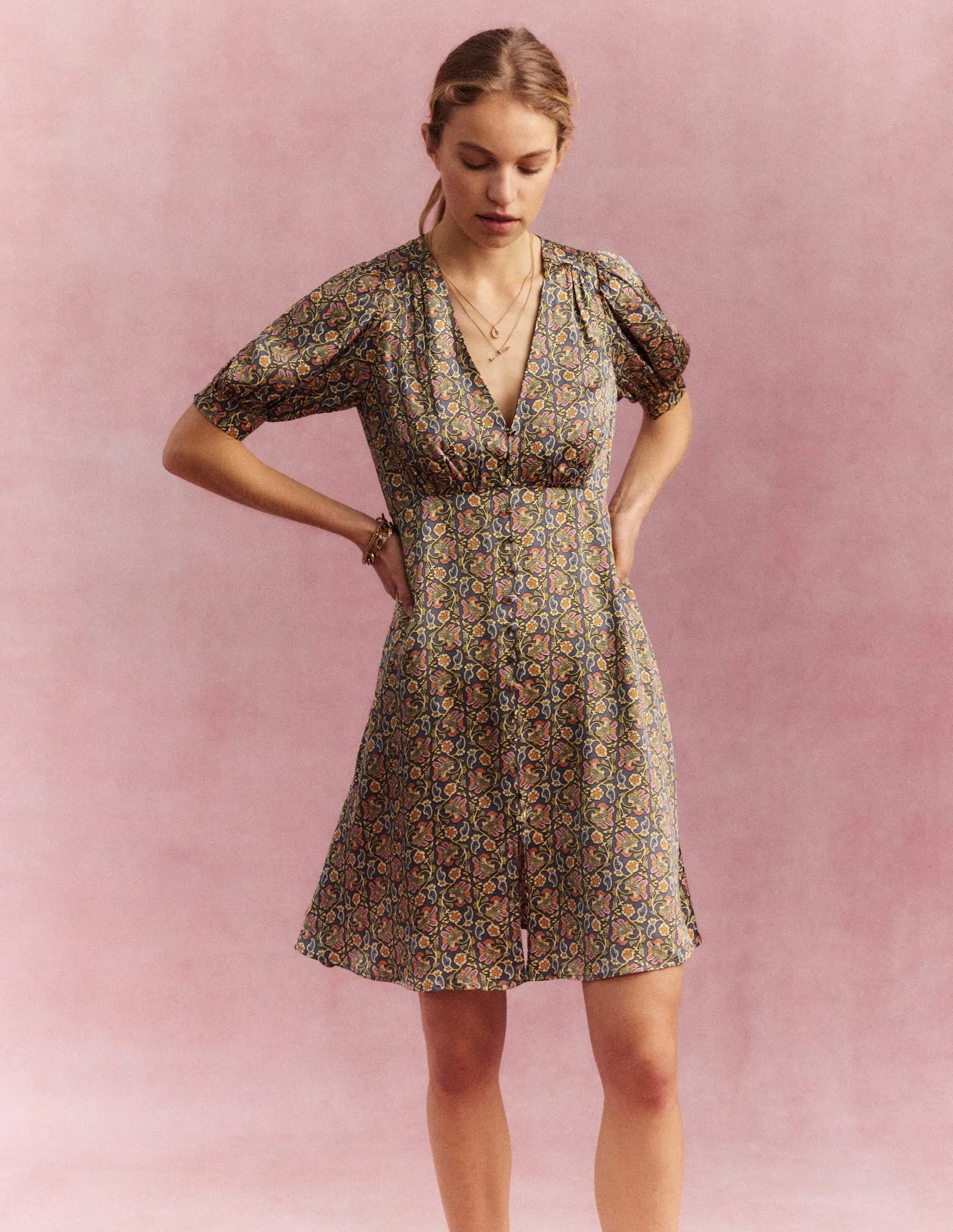 Satin Tea Dress-Nightshadow, Block Paisley