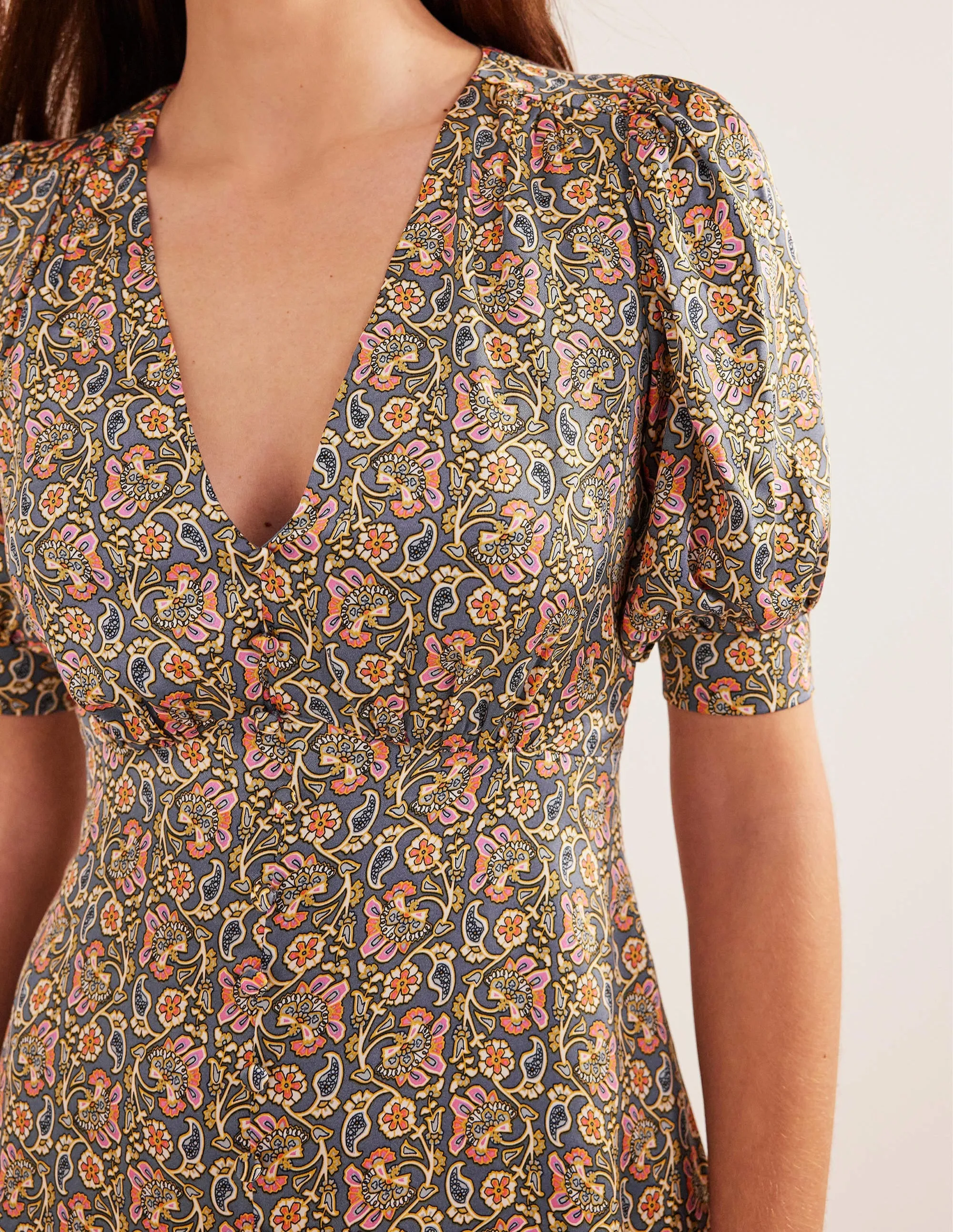 Satin Tea Dress-Nightshadow, Block Paisley