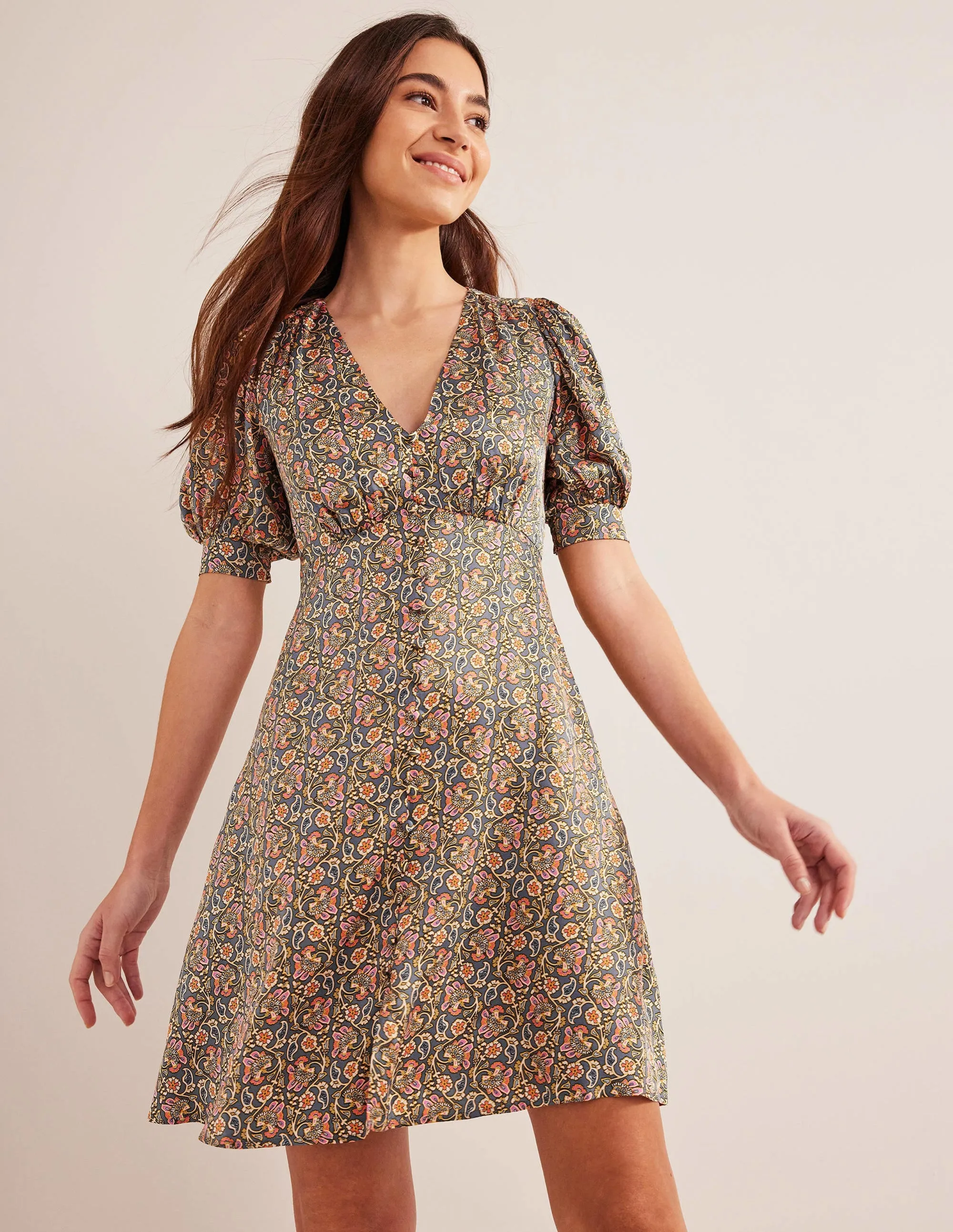 Satin Tea Dress-Nightshadow, Block Paisley