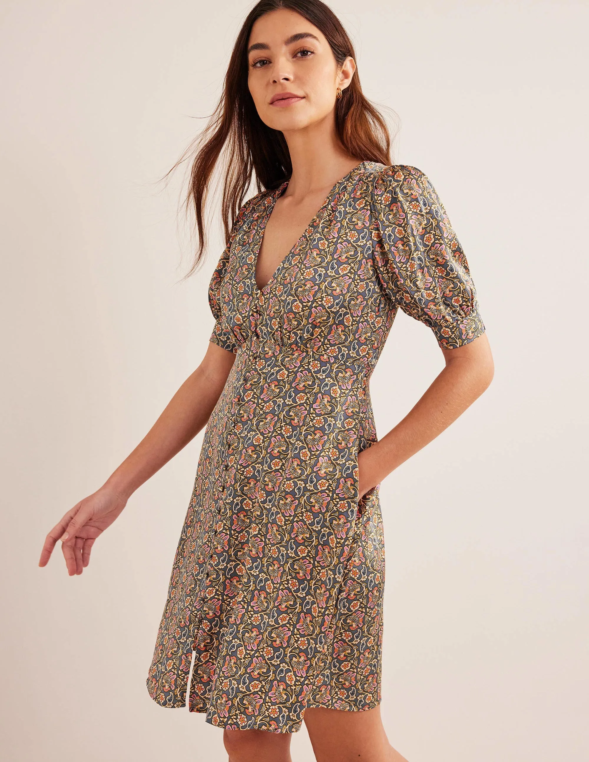 Satin Tea Dress-Nightshadow, Block Paisley
