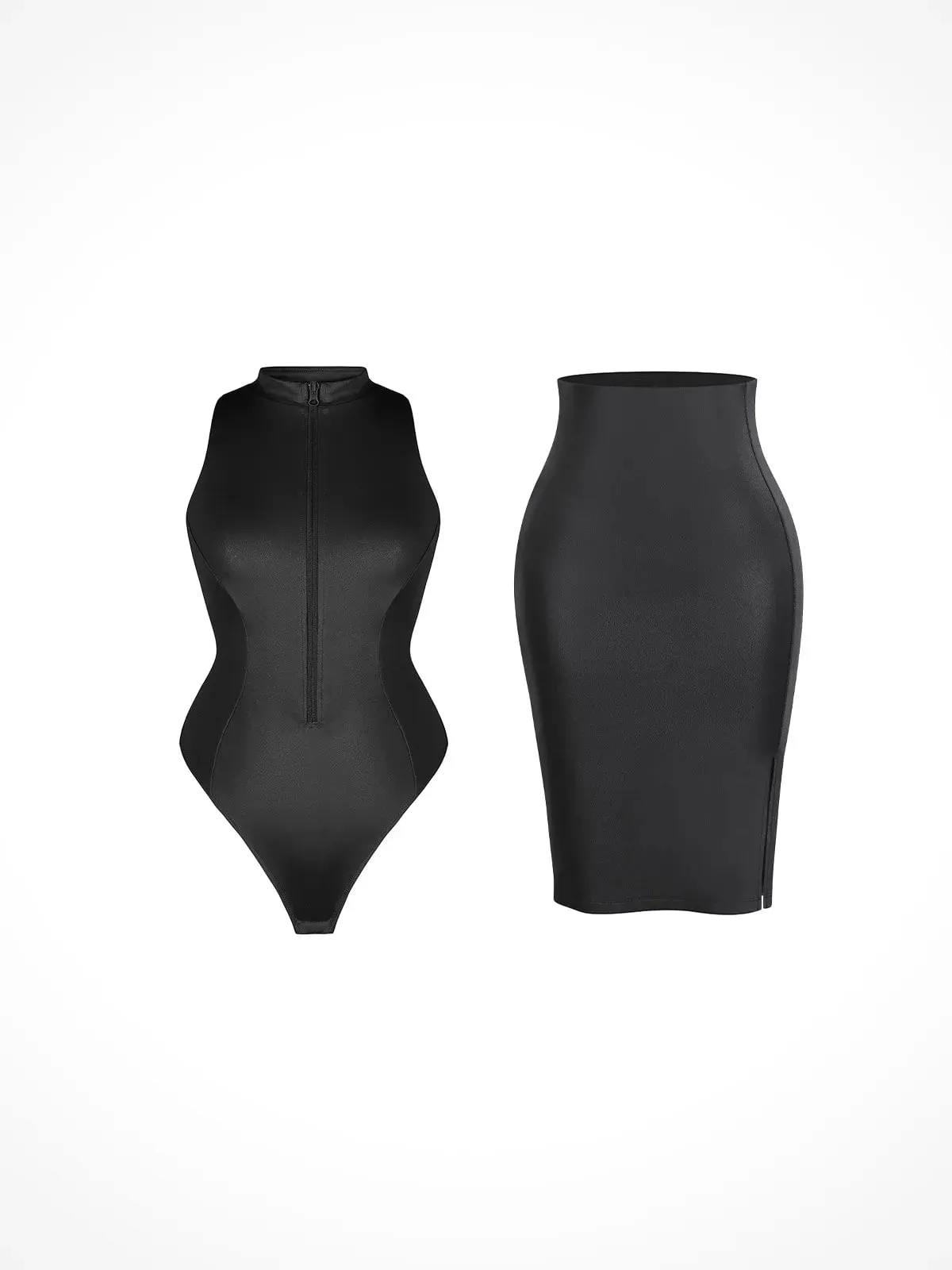 Shapewear Mock Neck Leather Sculpting Bodysuit Skirt Set