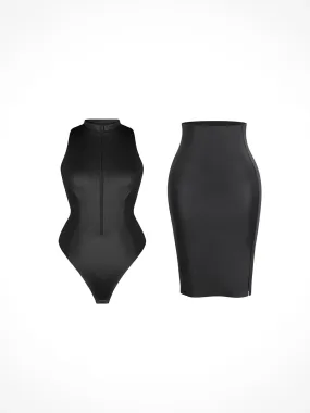 Shapewear Mock Neck Leather Sculpting Bodysuit Skirt Set