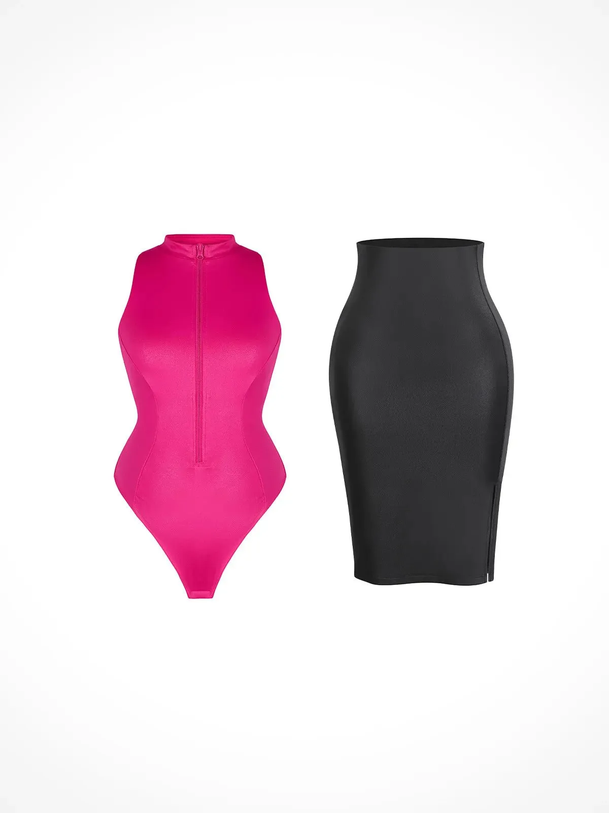 Shapewear Mock Neck Leather Sculpting Bodysuit Skirt Set
