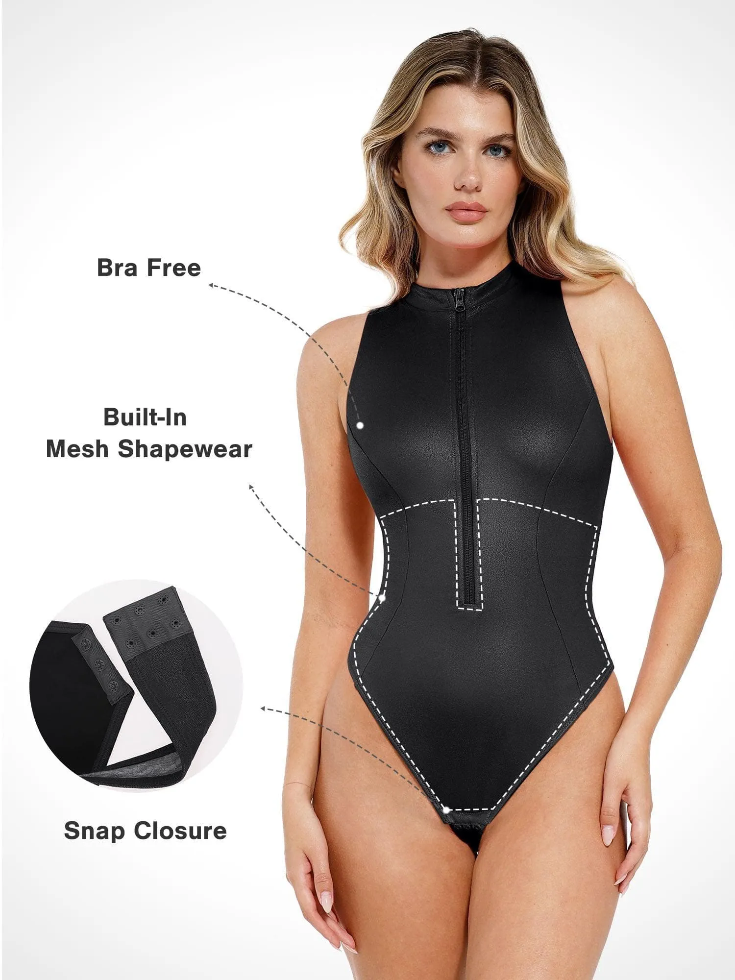 Shapewear Mock Neck Leather Sculpting Bodysuit Skirt Set