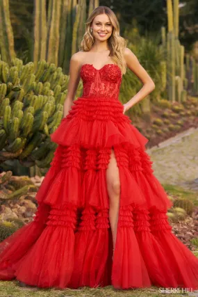 SHERRI HILL- 55682 - Strapless Ball Gown with Sheer Lace Corset Bodice