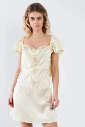 Silk Square Neck Butterfly Sleeve Loe Back Mini Dress