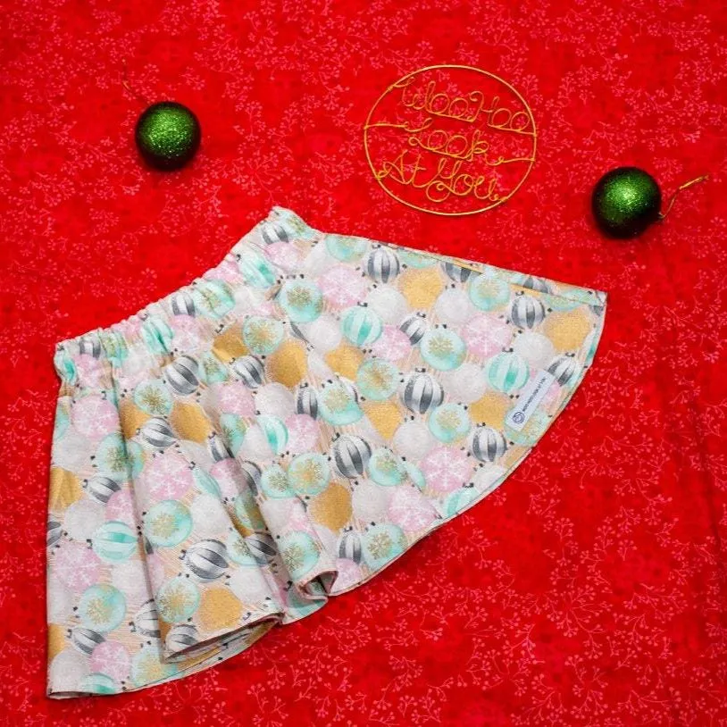 Skirt - Christmas - Elastic Waist, Pastel Christmas Baubles