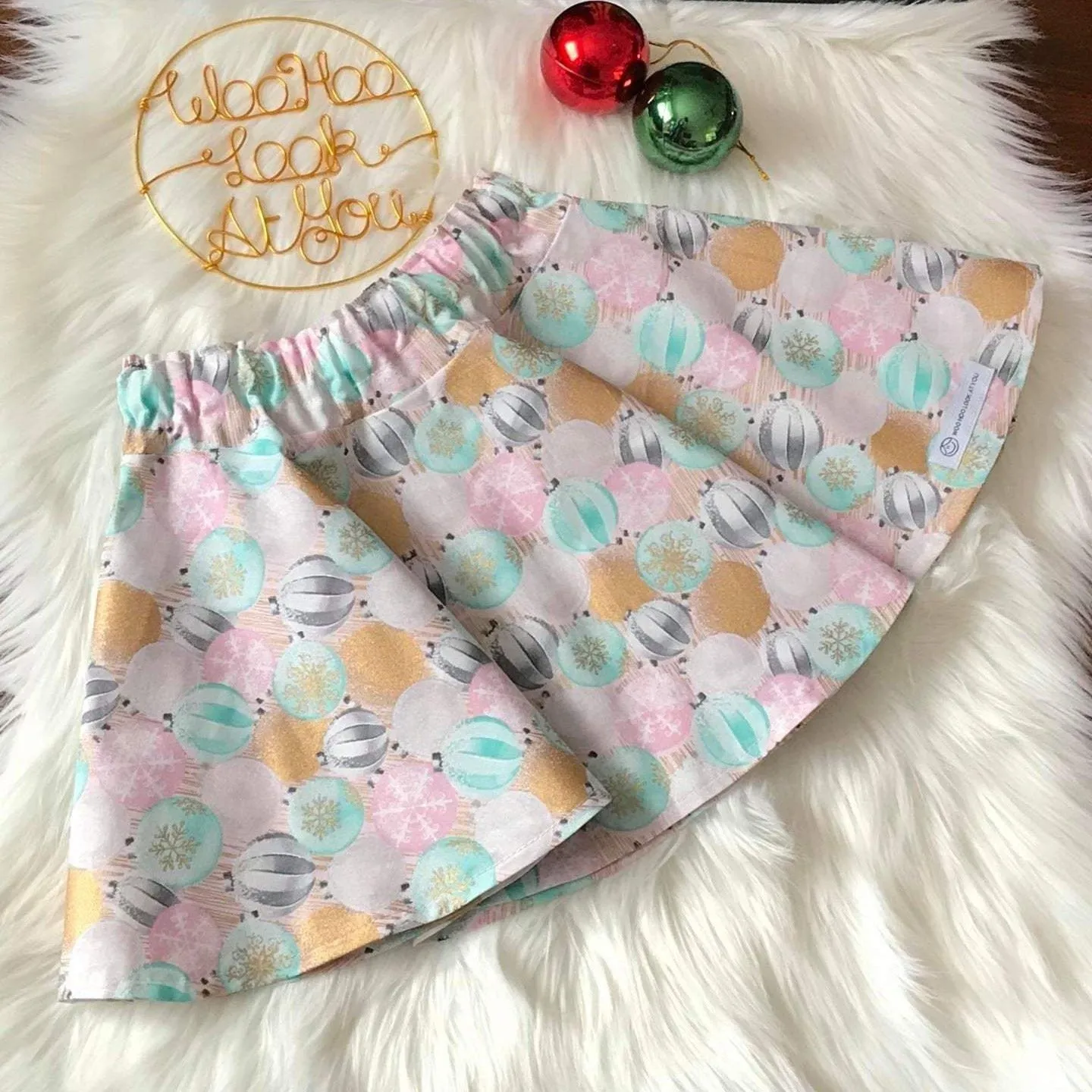 Skirt - Christmas - Elastic Waist, Pastel Christmas Baubles
