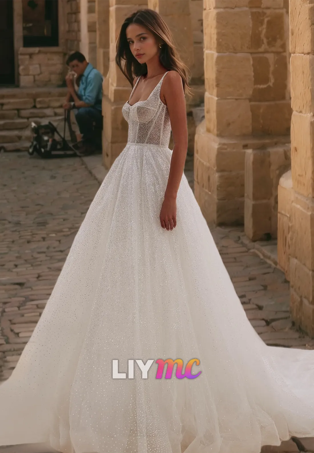 Square Sleeveless Tulle Pleated A-Line Wedding Dress