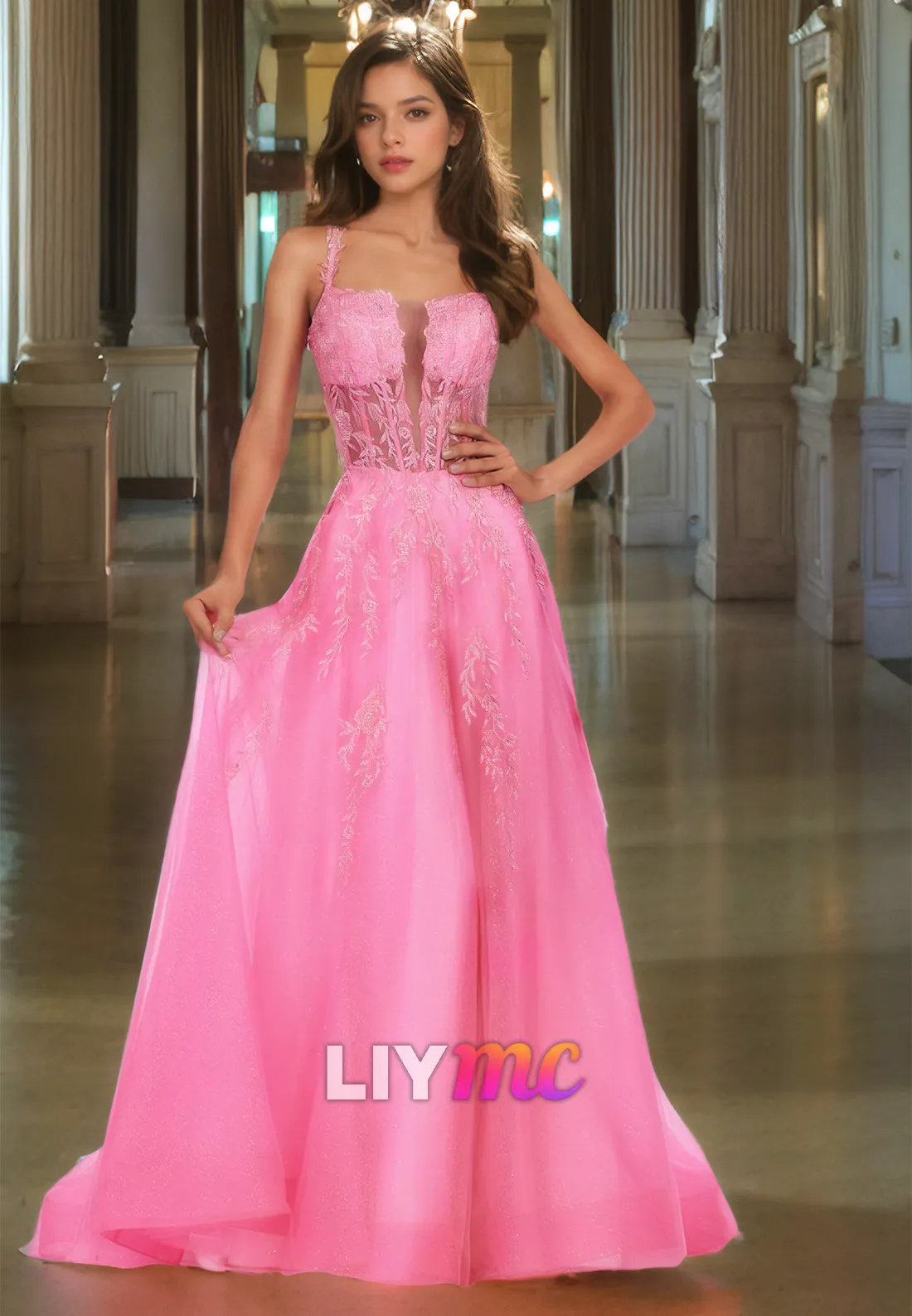 Square Straps Apppliques Tulle Lace-Up A-Line Prom Dress