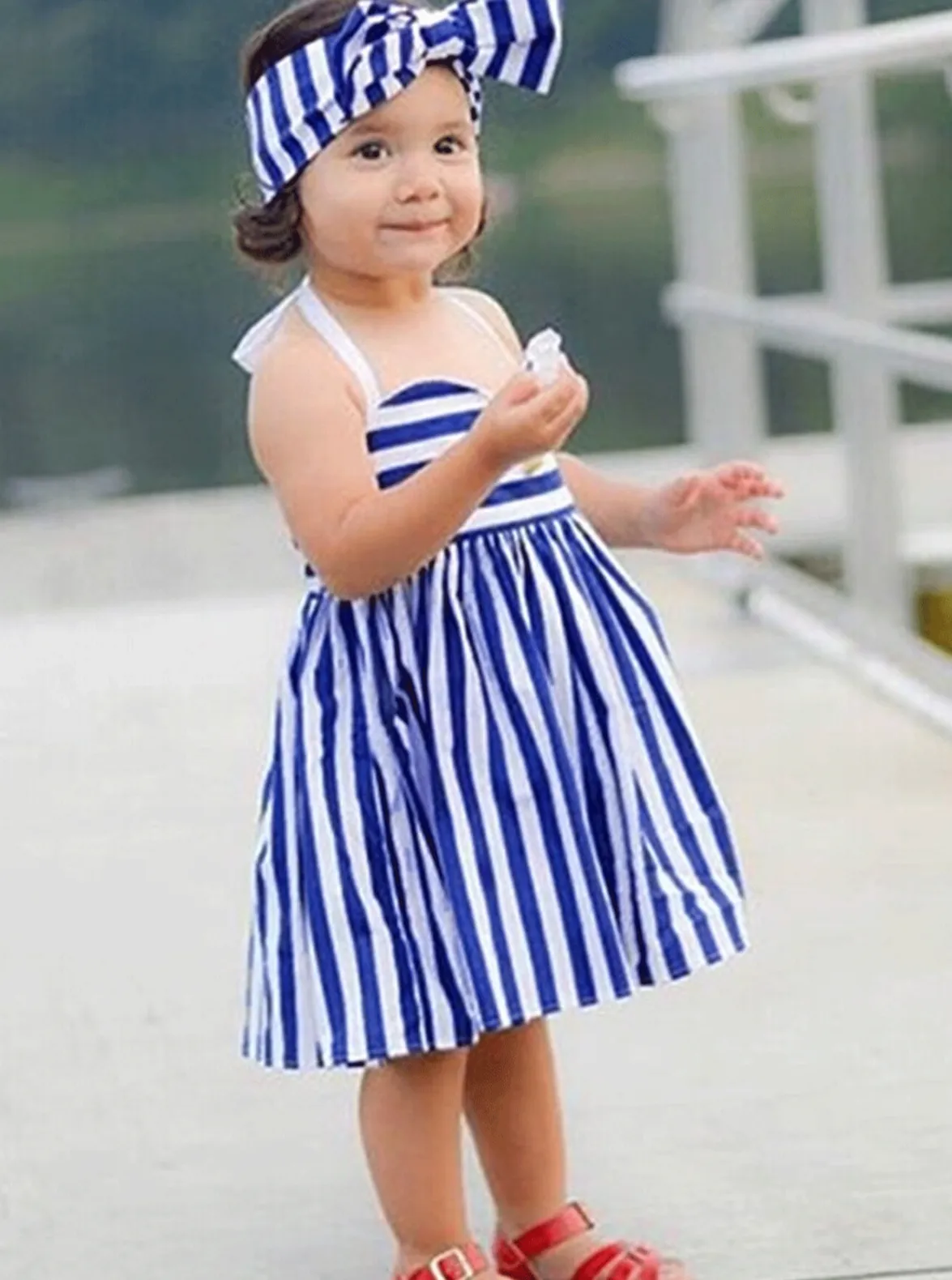 Sweet Sailor Striped Halter Dress And Headband Set