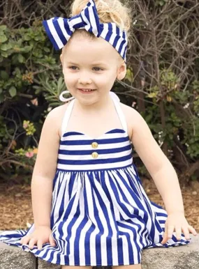 Sweet Sailor Striped Halter Dress And Headband Set