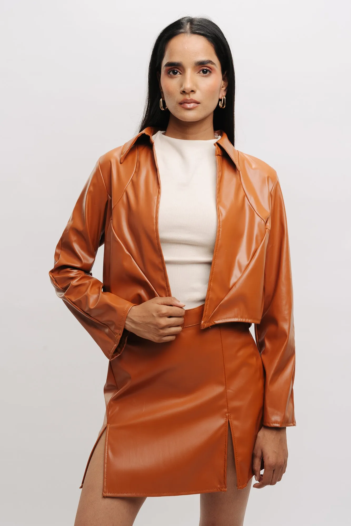 Tan Front Slit Leather Skirt