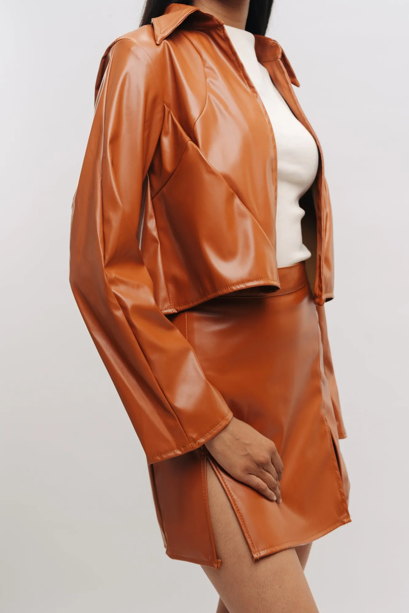 Tan Front Slit Leather Skirt