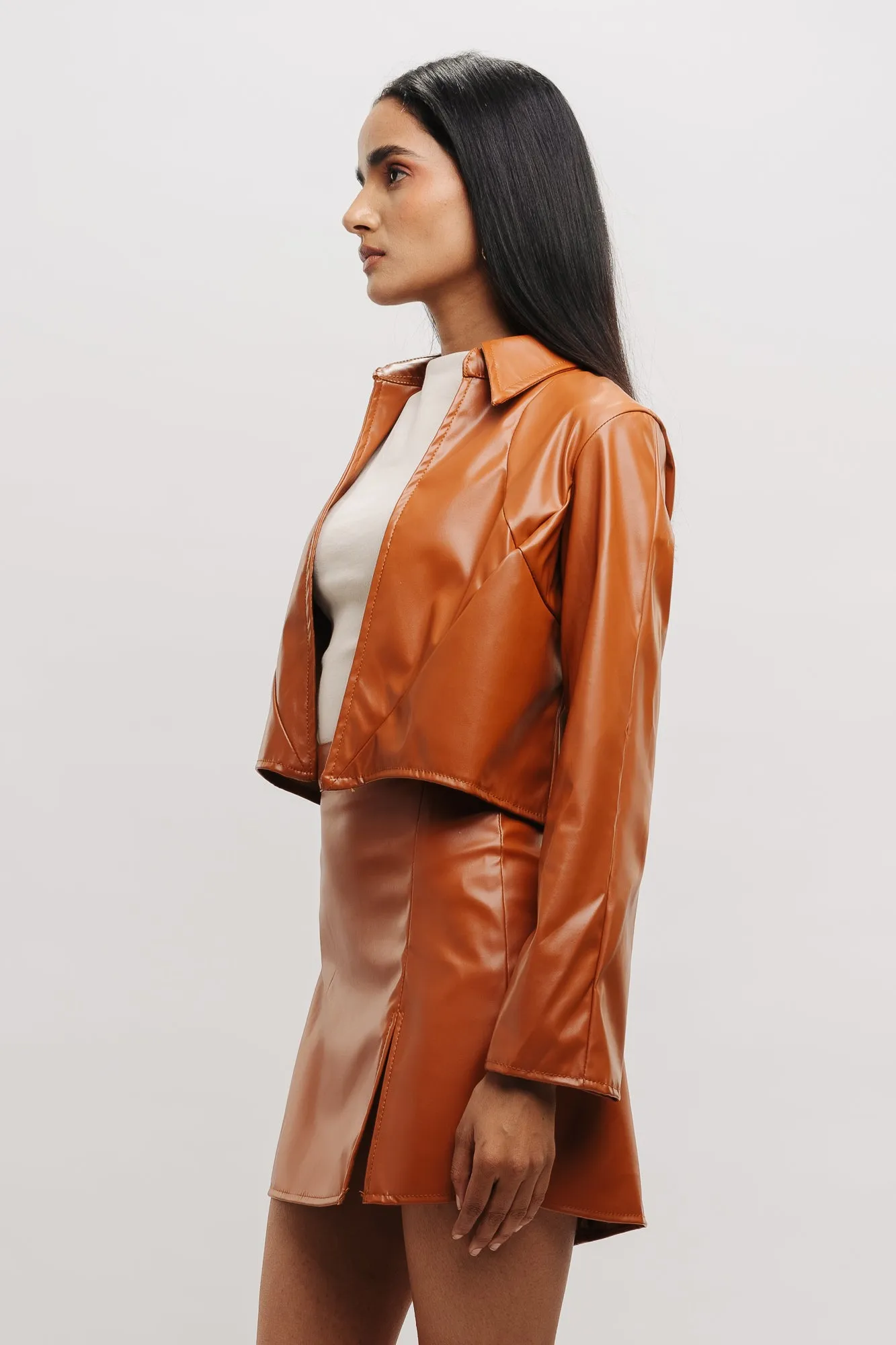 Tan Front Slit Leather Skirt