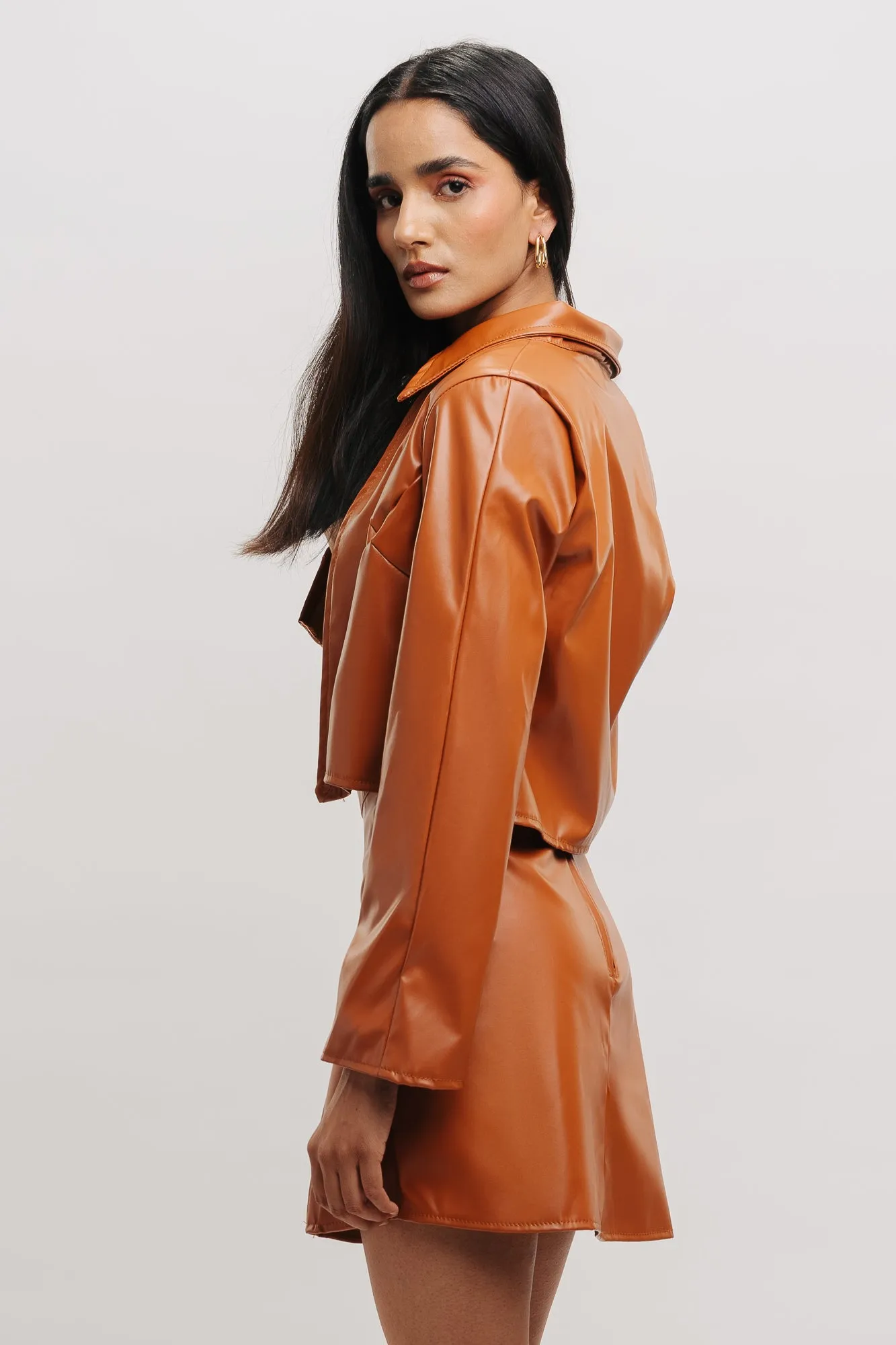 Tan Front Slit Leather Skirt