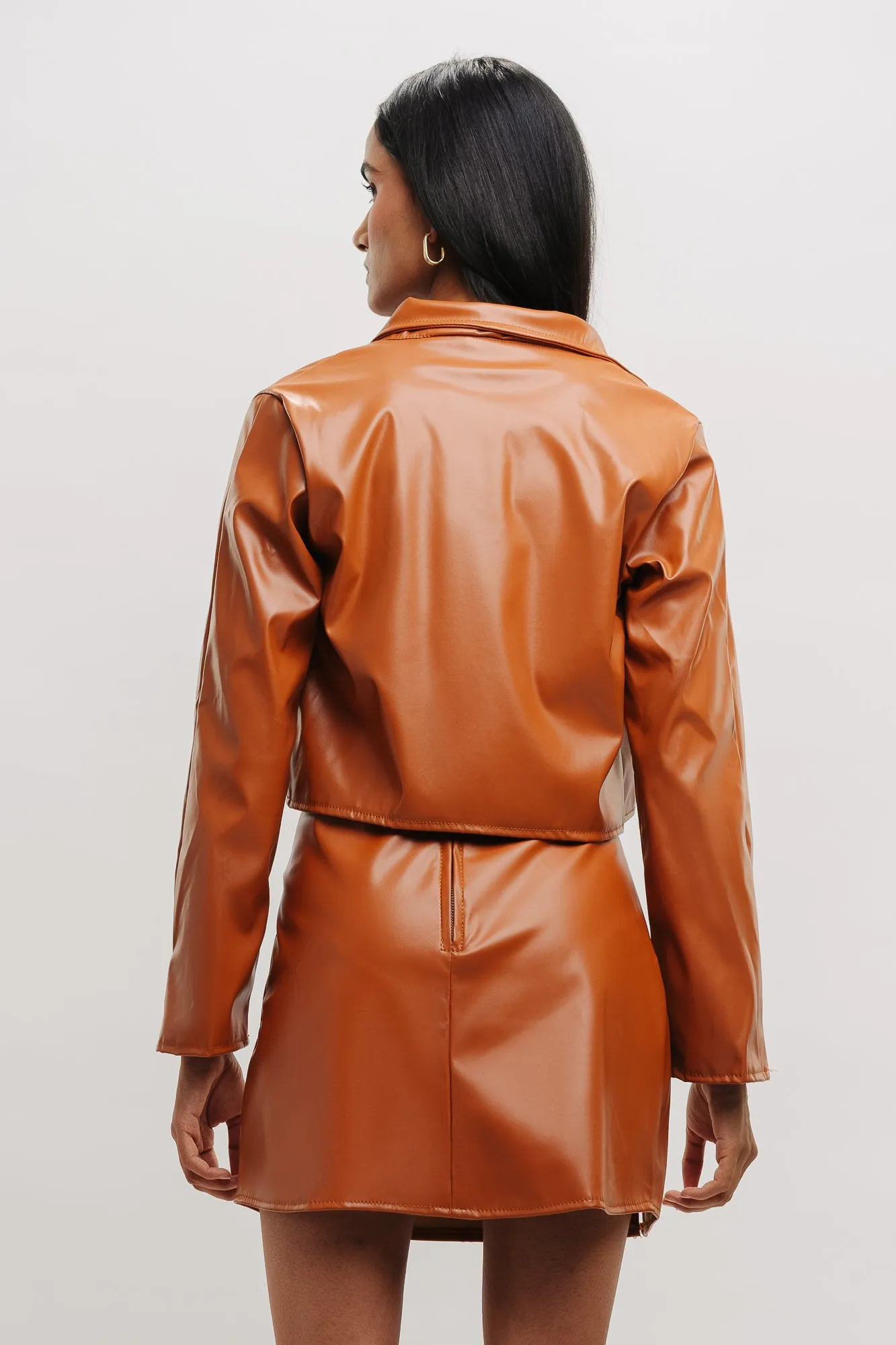 Tan Front Slit Leather Skirt