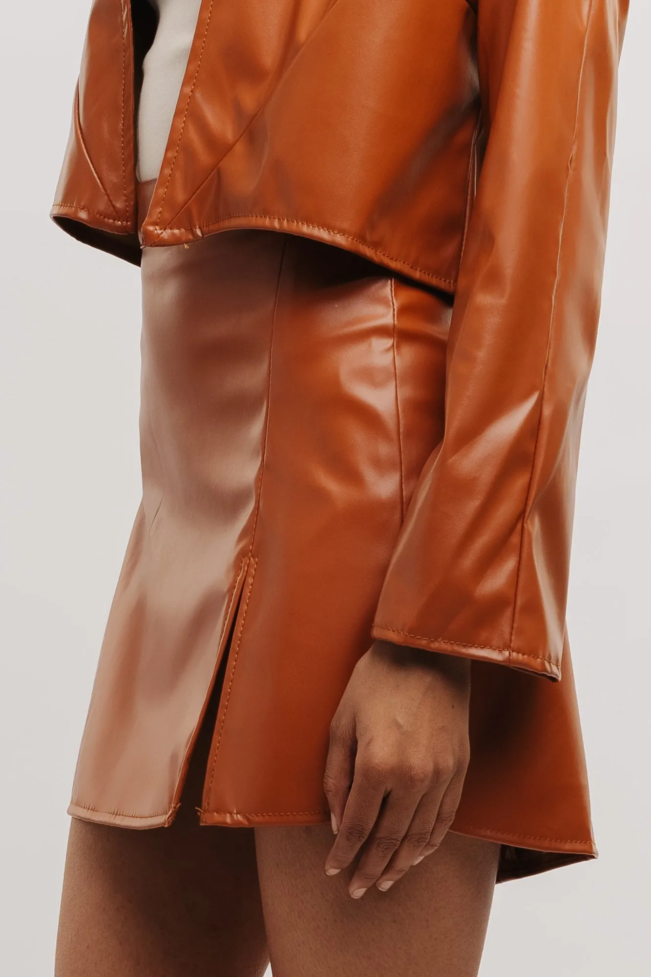 Tan Front Slit Leather Skirt