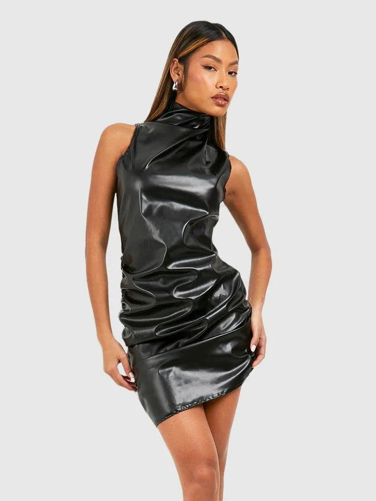 Trend4us Women's Chic Faux Leather Ruched Mini Dress