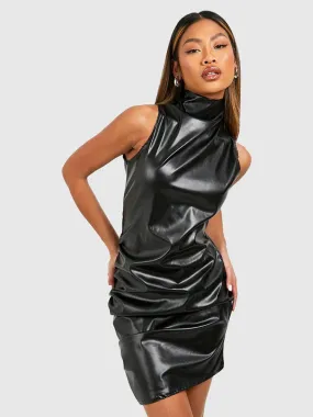 Trend4us Women's Chic Faux Leather Ruched Mini Dress