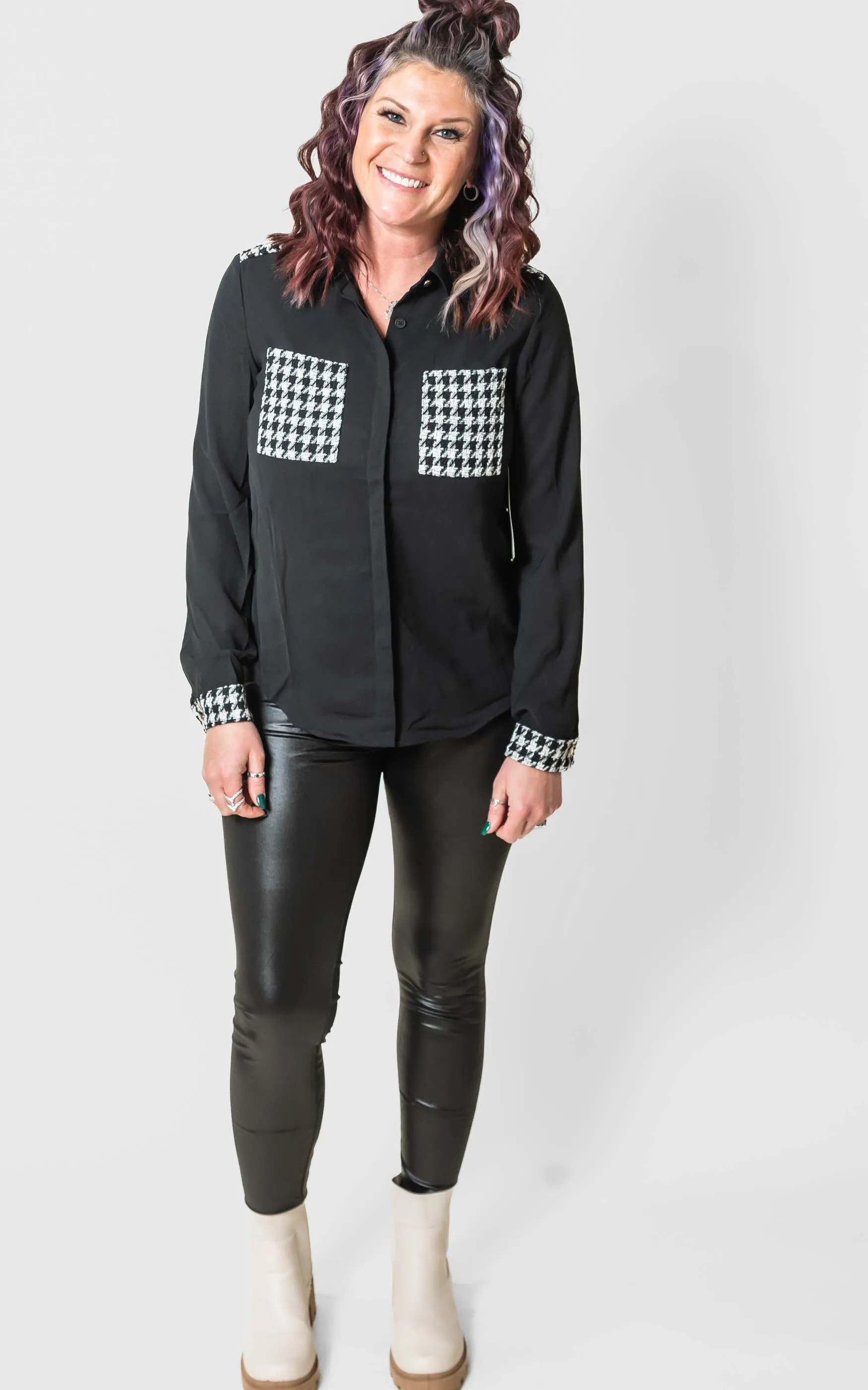 Tweed Houndstooth Contrasted Blouse - Final Sale