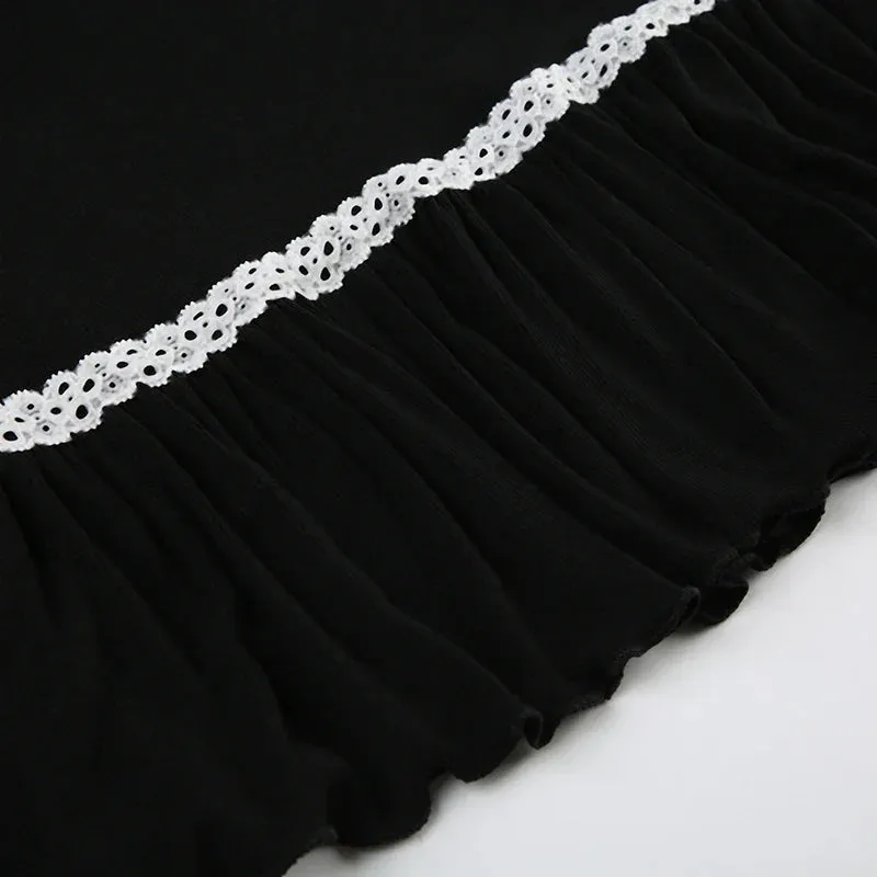 Uniwim Black Bow Lace Trim Frill A-Line Dress