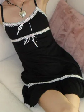 Uniwim Black Bow Lace Trim Frill A-Line Dress