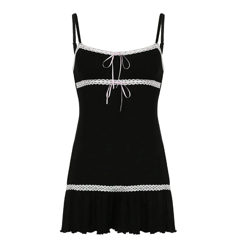 Uniwim Black Bow Lace Trim Frill A-Line Dress