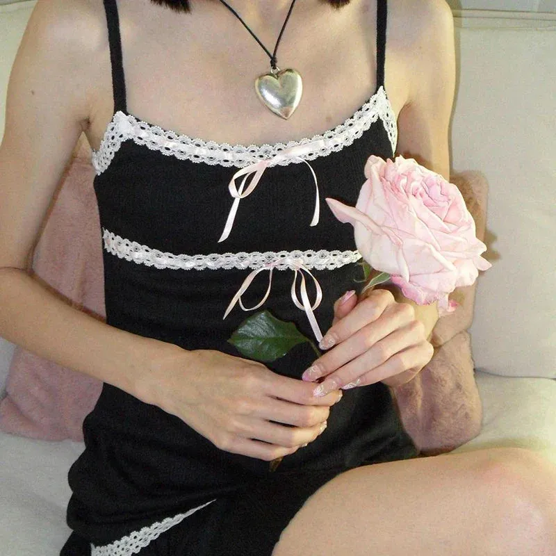 Uniwim Black Bow Lace Trim Frill A-Line Dress