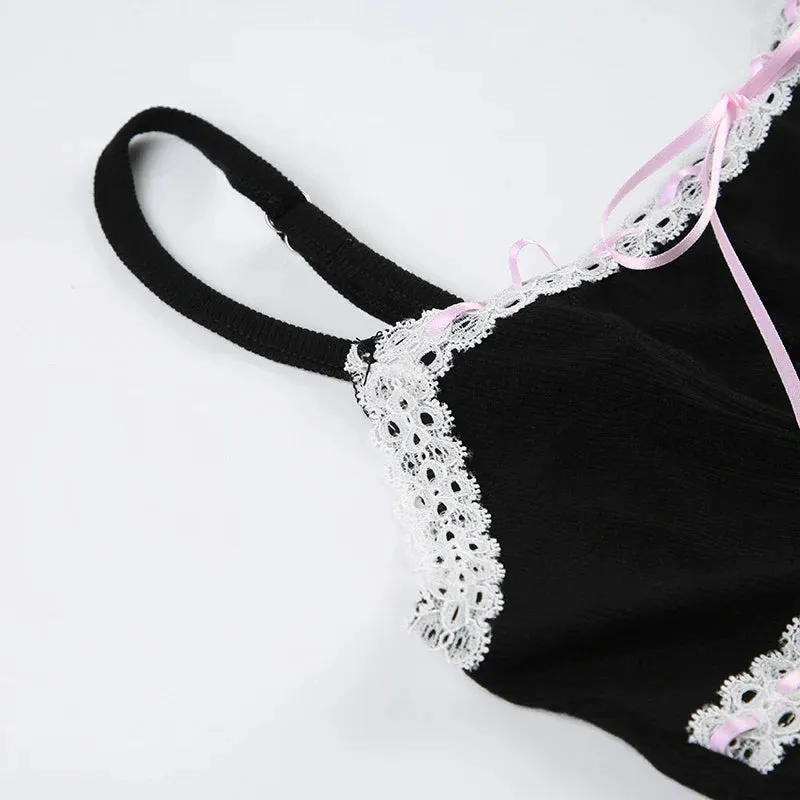 Uniwim Black Bow Lace Trim Frill A-Line Dress