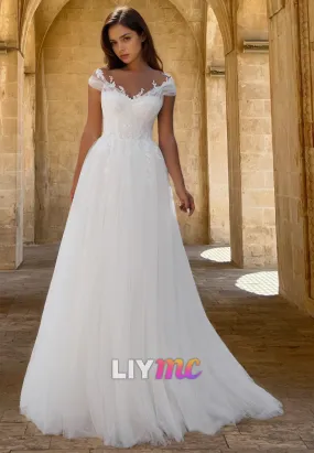 V-Neck Cap Sleeves Appliquess Tulle A-Line Wedding Dress