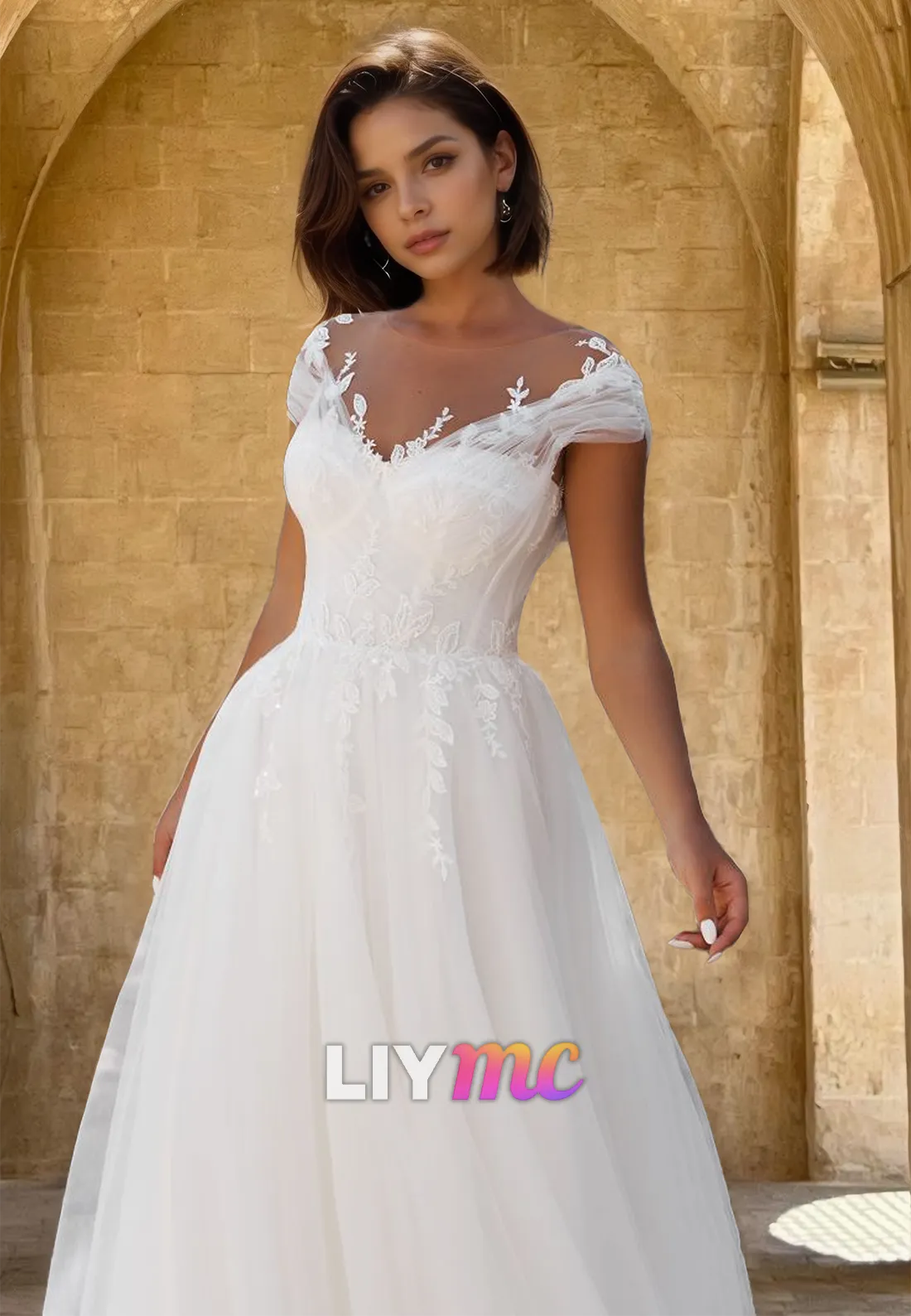 V-Neck Cap Sleeves Appliquess Tulle A-Line Wedding Dress