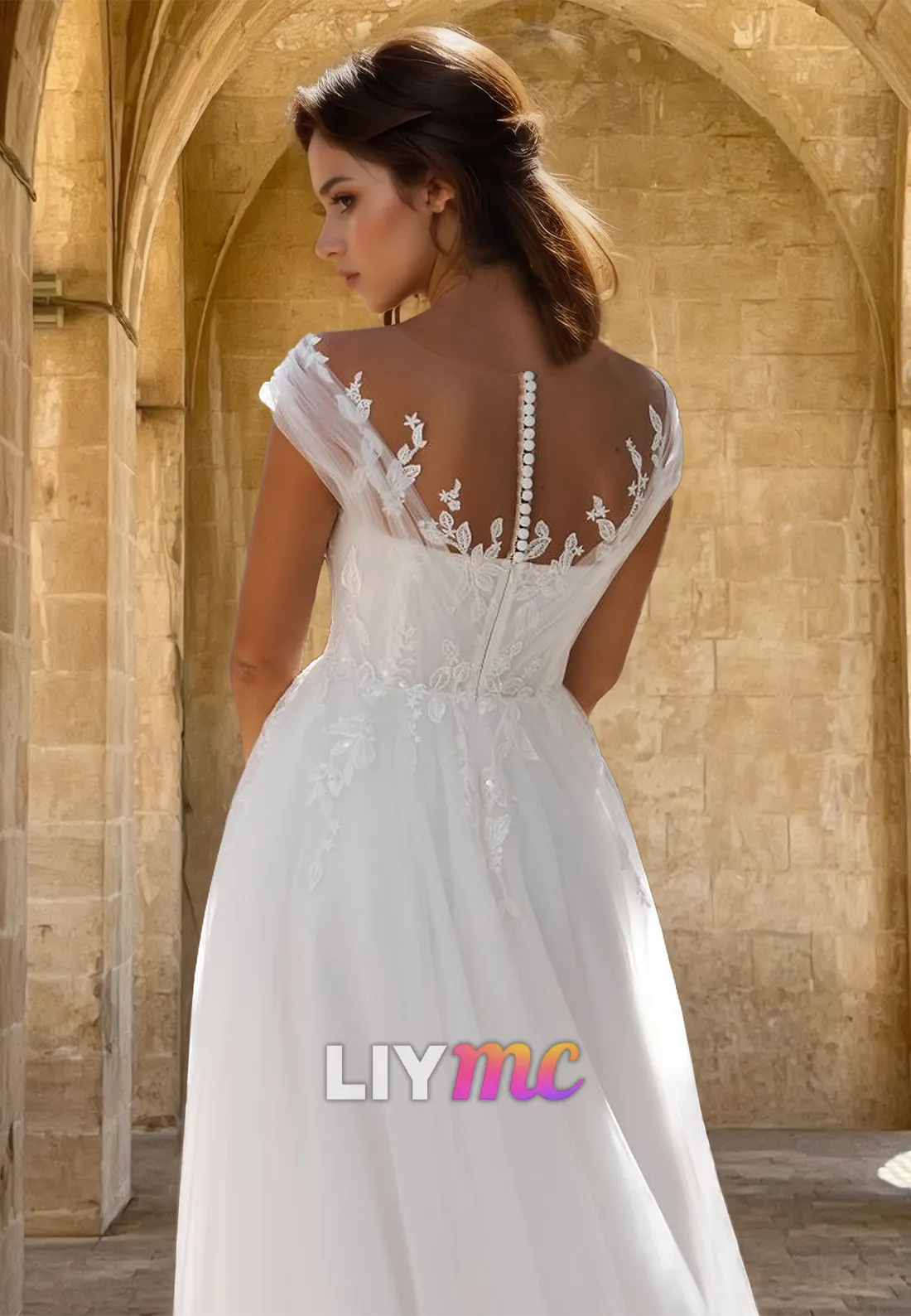 V-Neck Cap Sleeves Appliquess Tulle A-Line Wedding Dress