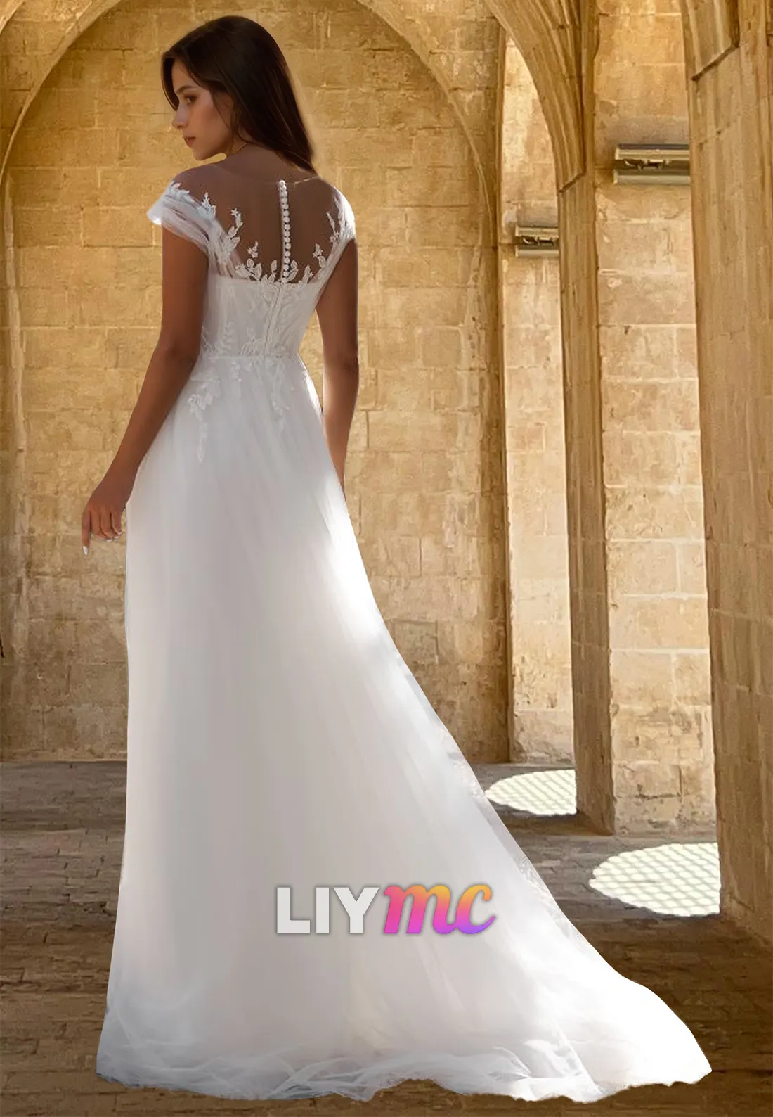 V-Neck Cap Sleeves Appliquess Tulle A-Line Wedding Dress