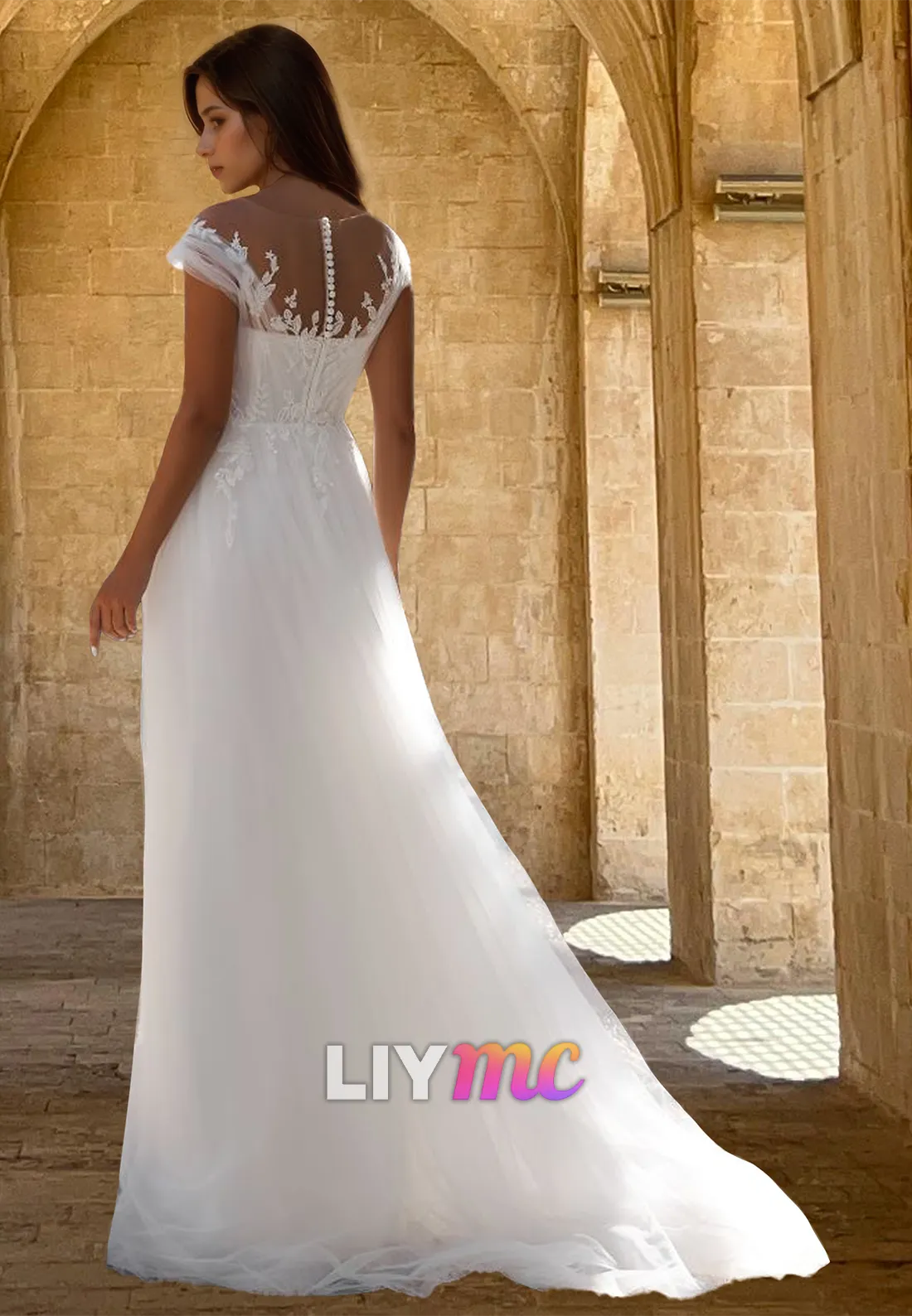 V-Neck Cap Sleeves Appliquess Tulle A-Line Wedding Dress