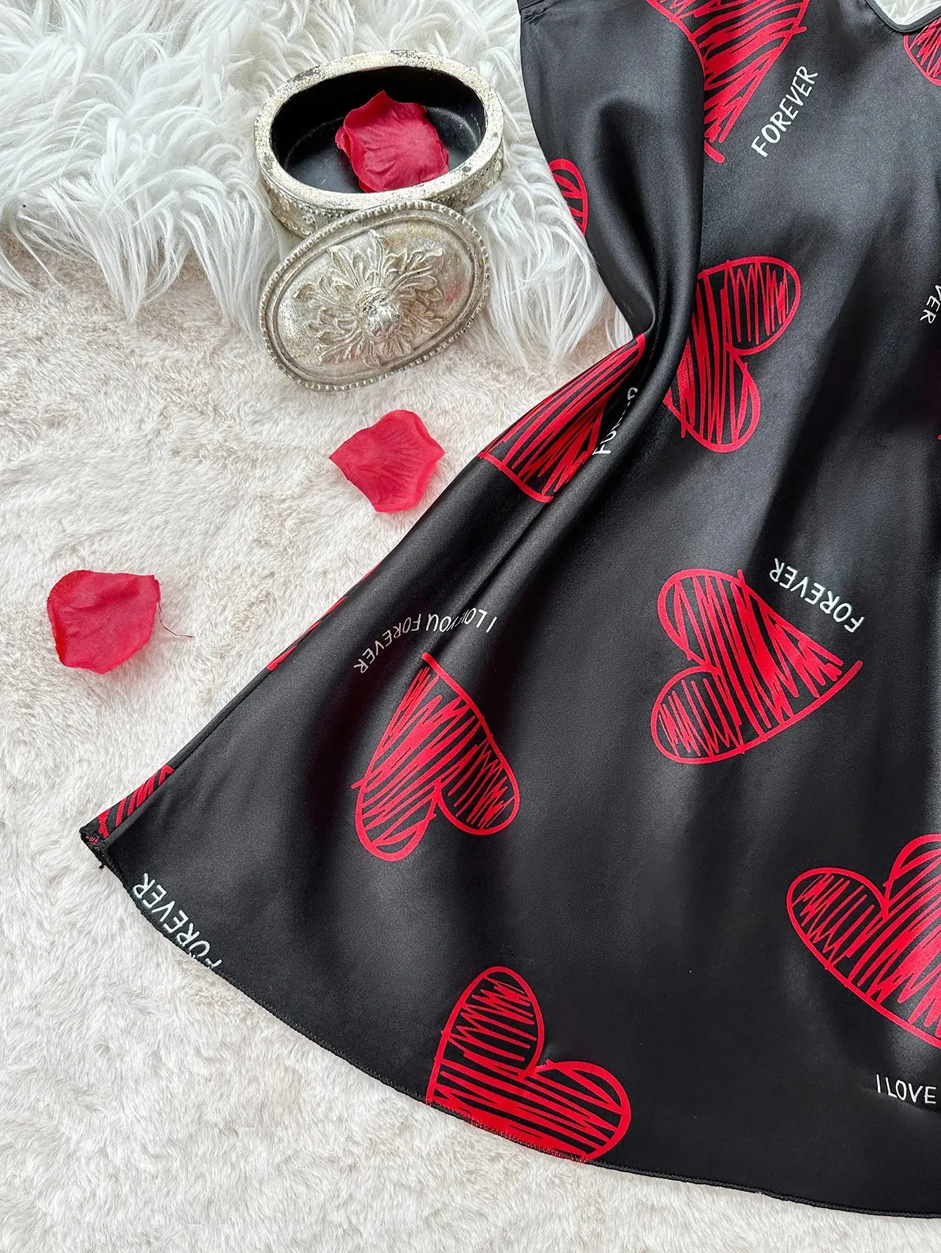 Valentine’s Day Red Lip Satin Slip Nightdress: Flirty & Luxurious