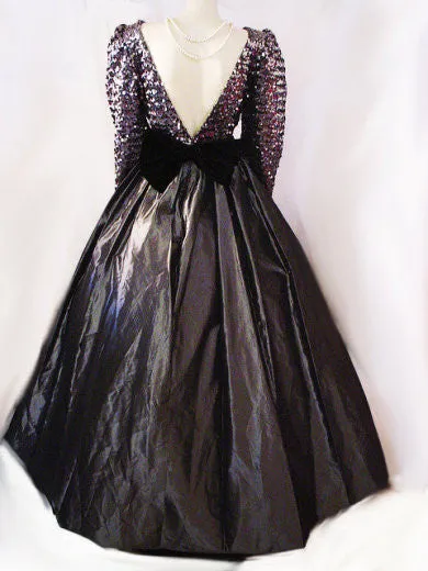 *VINTAGE SEQUIN, BLACK VELVET & TAFFETA GRAND SWEEP BALL GOWN IN STERLING SILVER