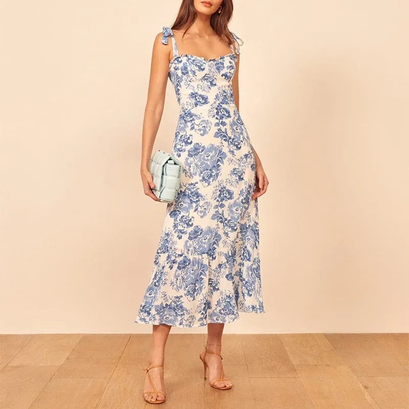 Vintage Style Blue and White Chiffon Dress