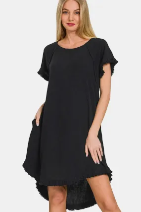 Zofi Fringe Edge High Low Flowy Dress with Pockets
