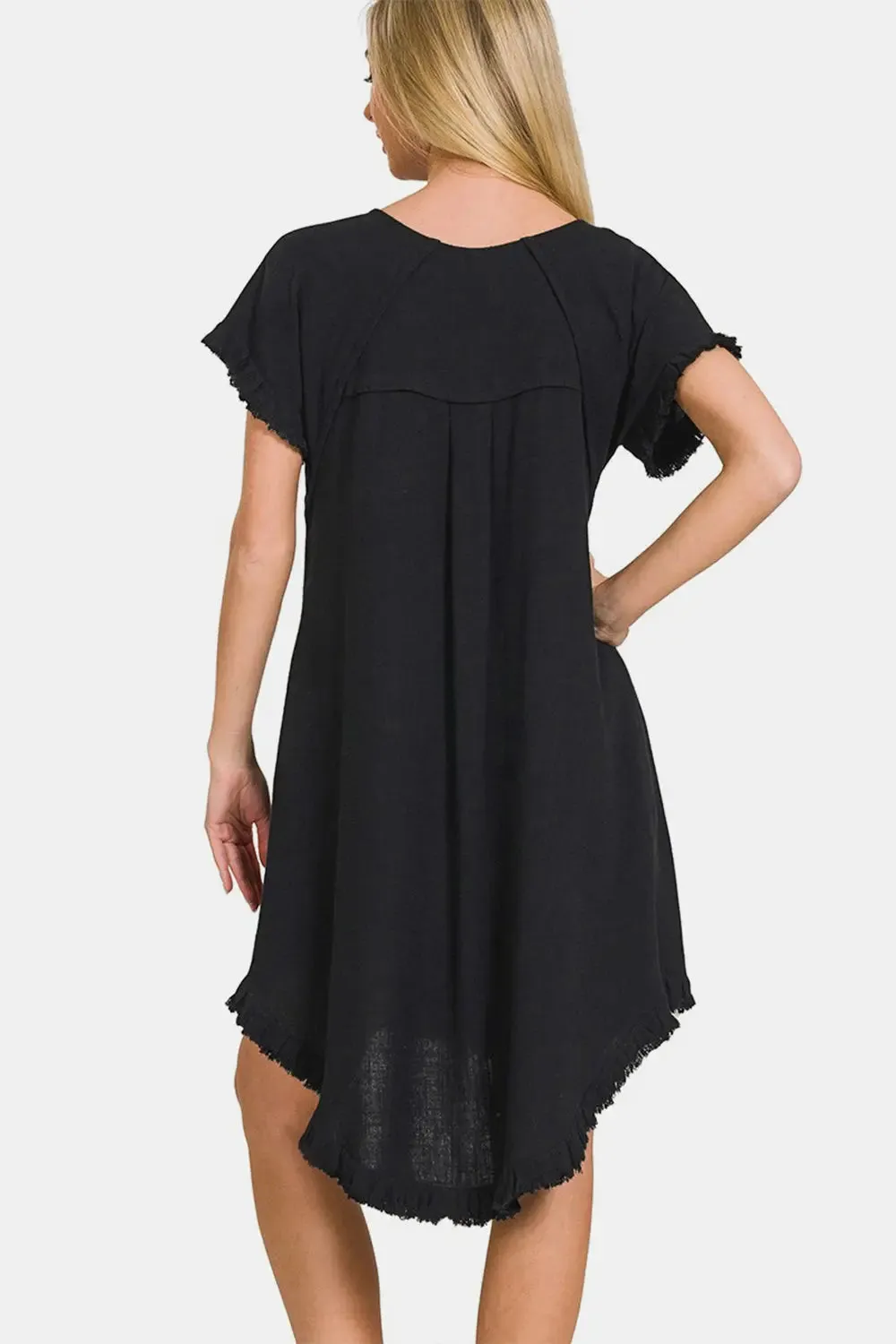 Zofi Fringe Edge High Low Flowy Dress with Pockets