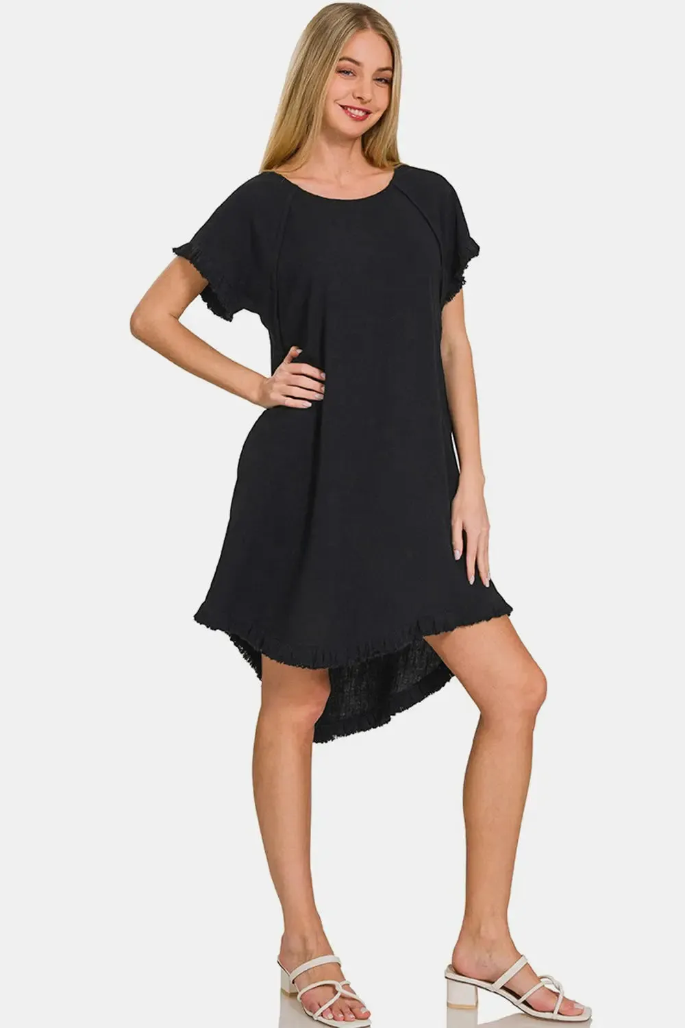 Zofi Fringe Edge High Low Flowy Dress with Pockets